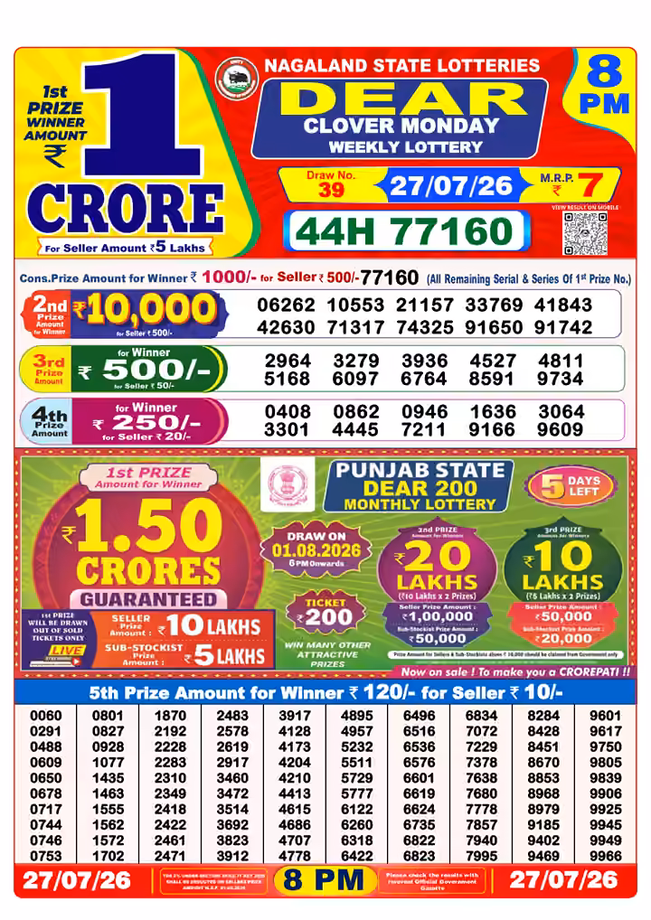 Dear Clover Monday Weekly Lottery 8 PM 27 Jul 2026