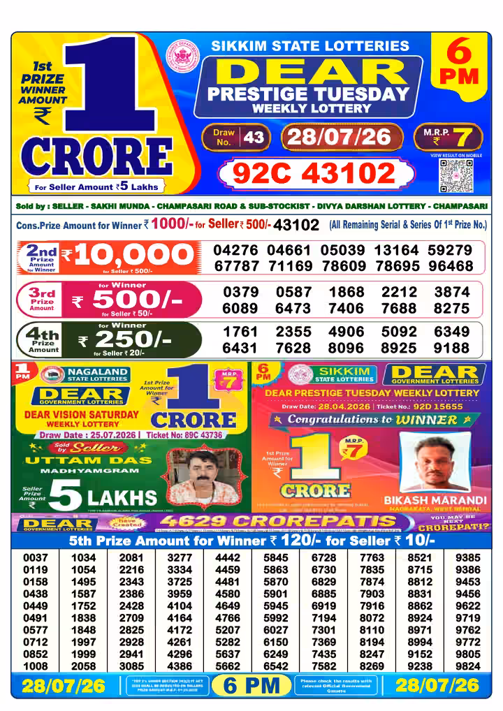 Dear Prestige Tuesday Weekly Lottery 6 PM 28 Jul 2026