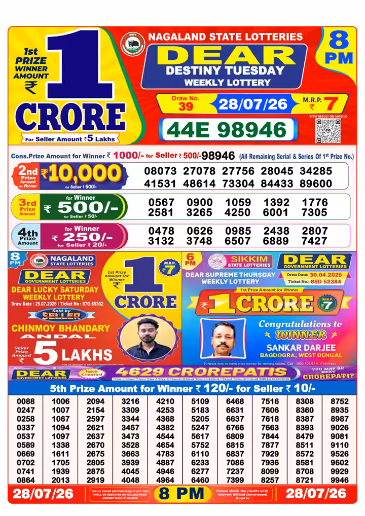 Dear Destiny Tuesday Weekly Lottery 8 PM 28 Jul 2026
