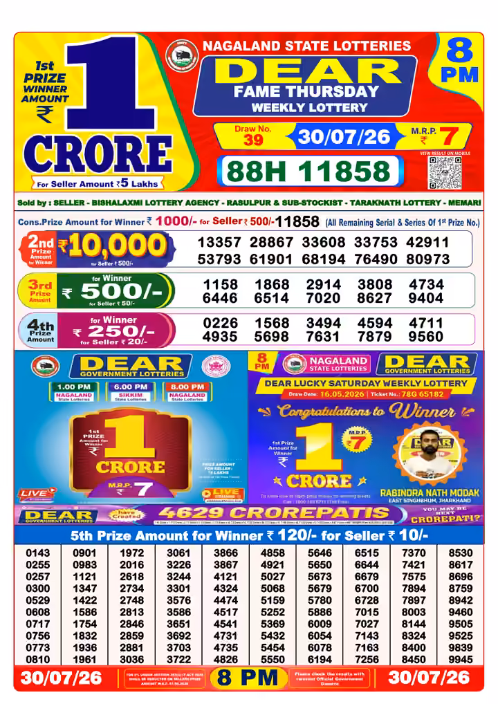 Dear Fame Thursday Weekly Lottery 8 PM 30 Jul 2026
