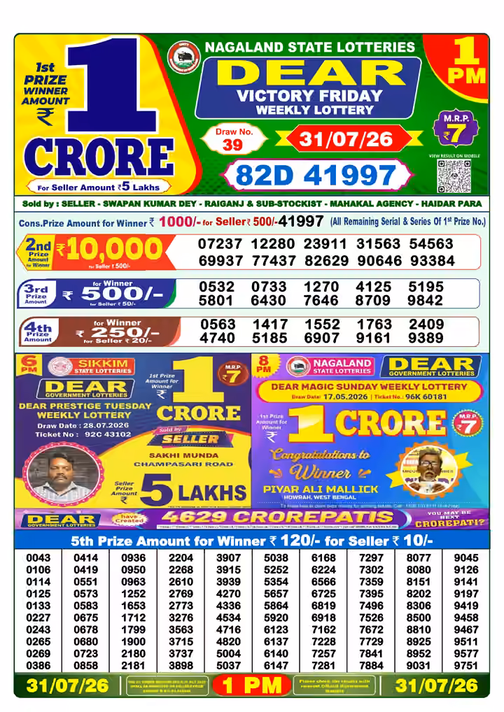 Dear Victory Friday Weekly Lottery 1 PM 31 Jul 2026