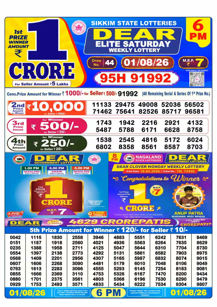 Dear Elite Saturday Weekly Lottery 6 PM 01 Aug 2026