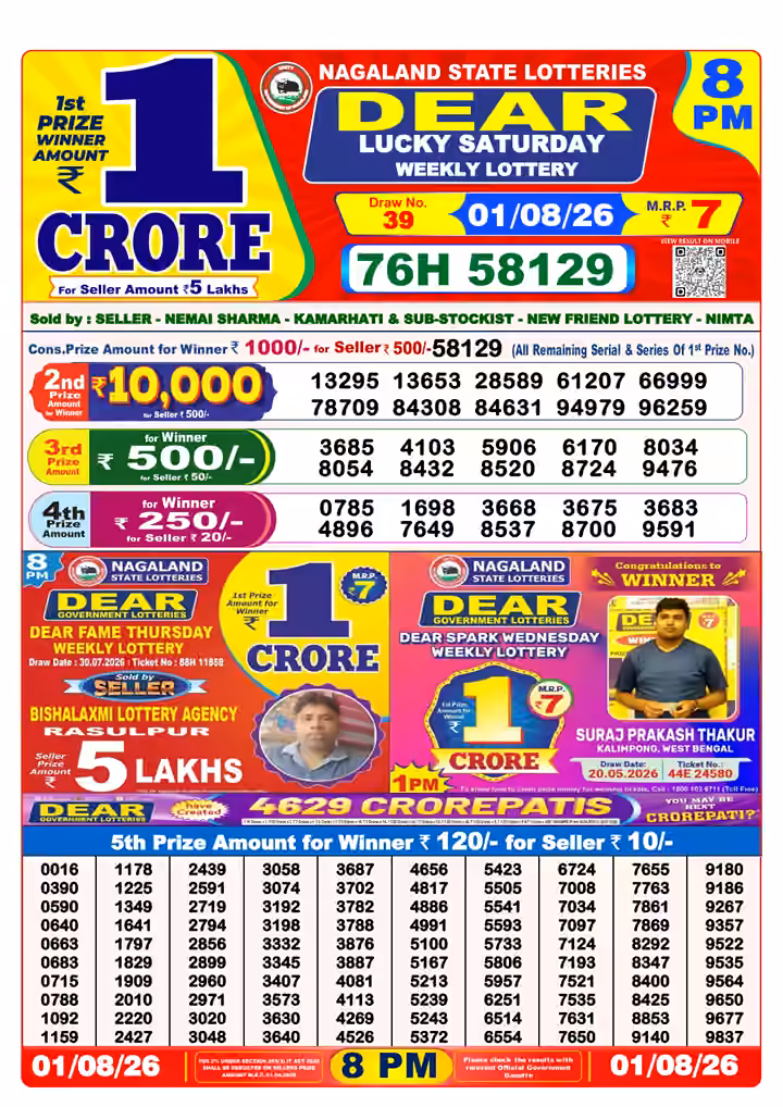 Dear Lucky Saturday Weekly Lottery 8 PM 01 Aug 2026