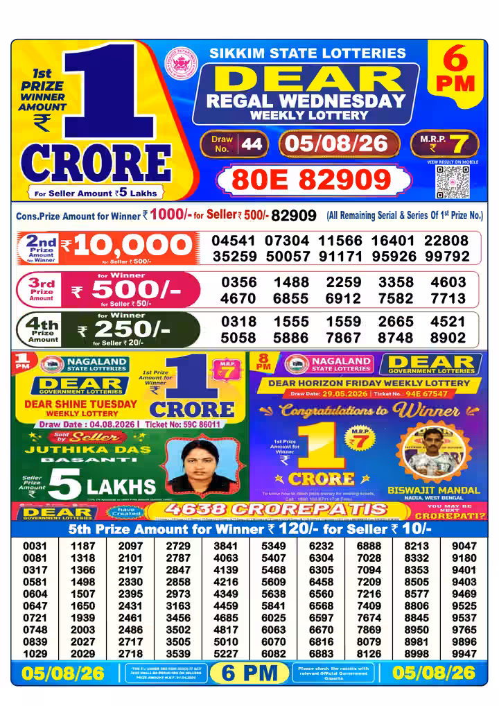 Dear Regal Wednesday Weekly Lottery 6 PM 05 Aug 2026
