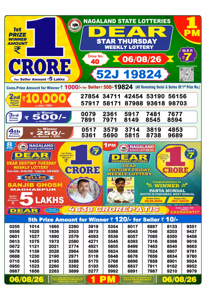 Dear Star Thursday Weekly Lottery 1 PM 06 Aug 2026