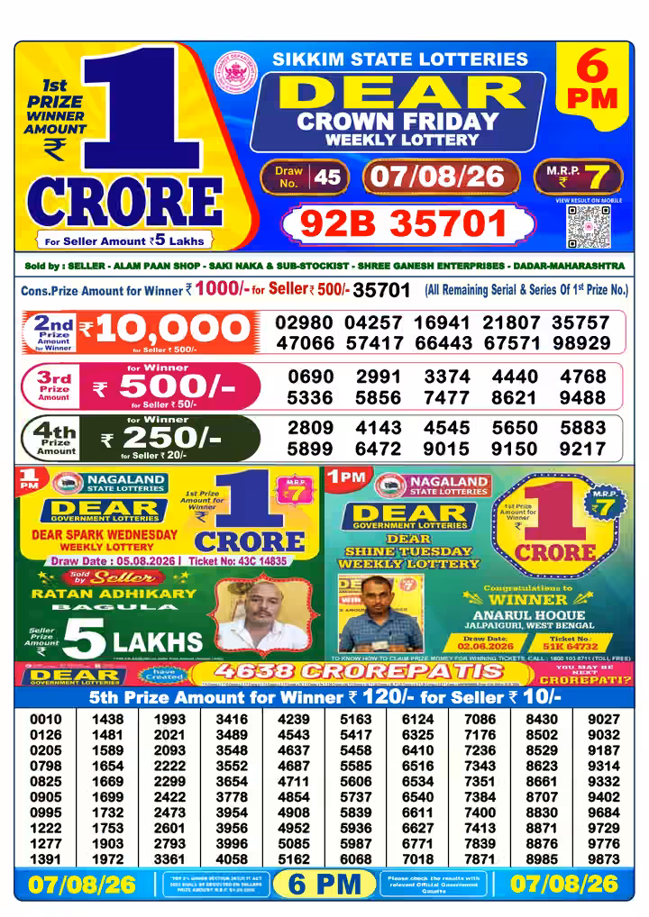 Dear Crown Friday Weekly Lottery 6 PM 07 Aug 2026