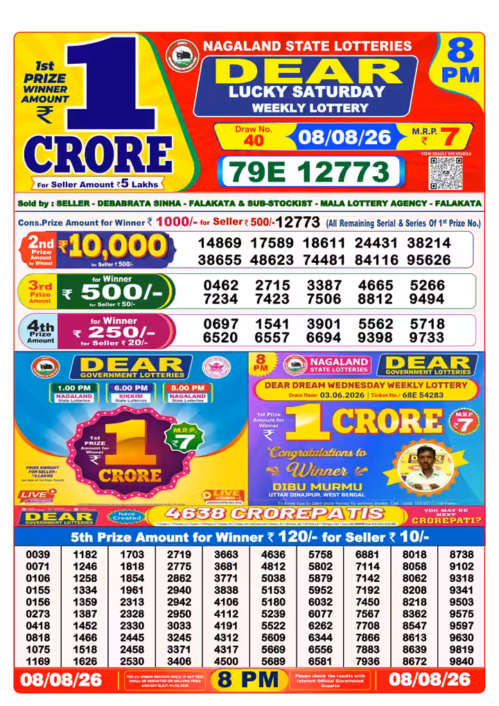 Dear Lucky Saturday Weekly Lottery 8 PM 08 Aug 2026