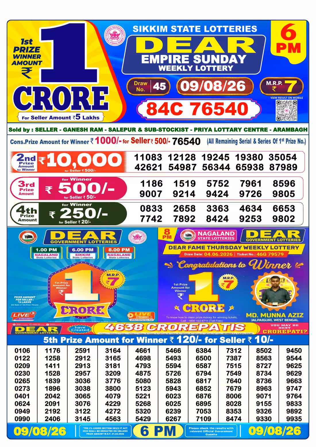 Dear Empire Sunday Weekly Lottery 6 PM 09 Aug 2026