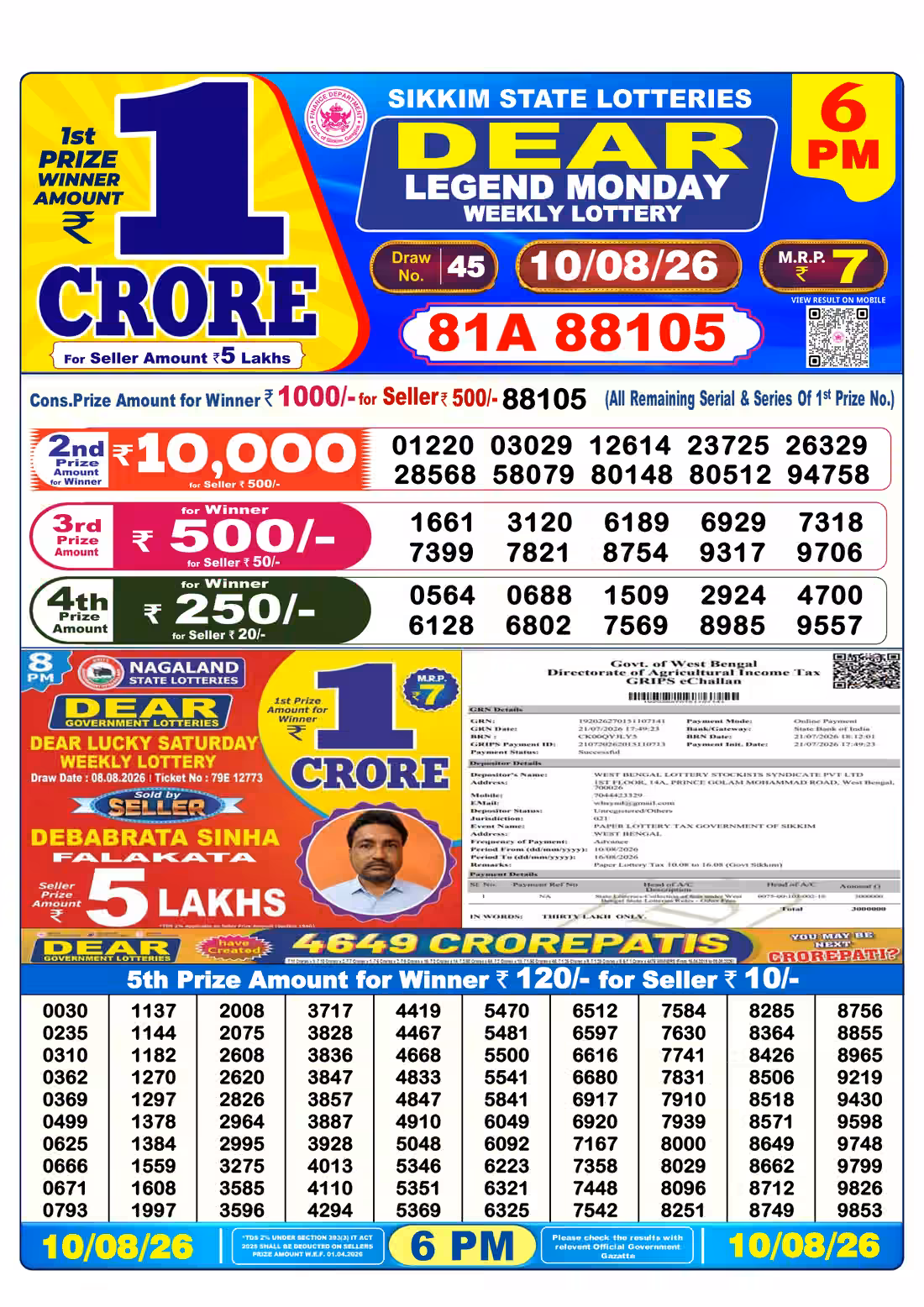 Dear Legend Monday Weekly Lottery 6 PM 10 Aug 2026