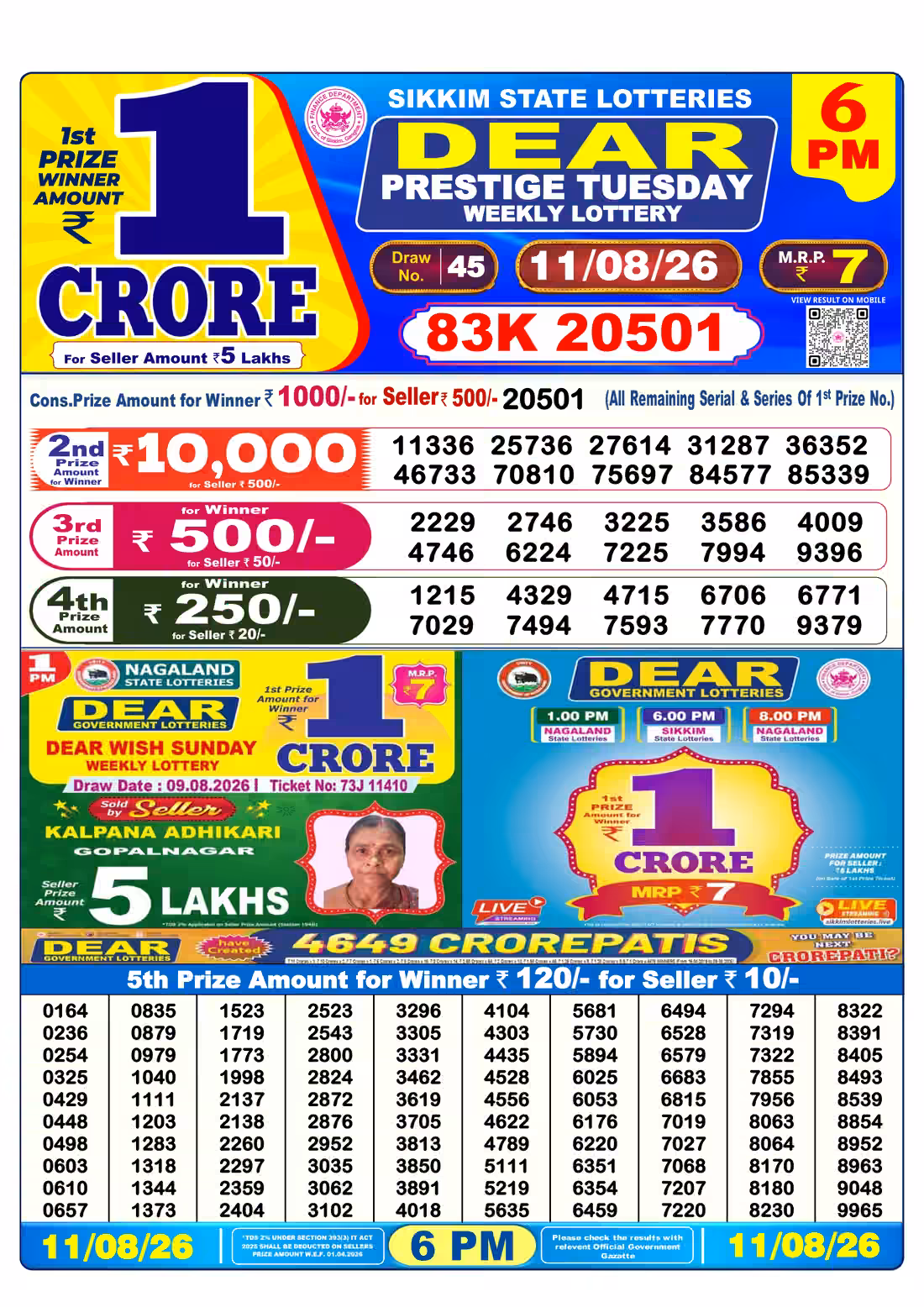 Dear Prestige Tuesday Weekly Lottery 6 PM 11 Aug 2026