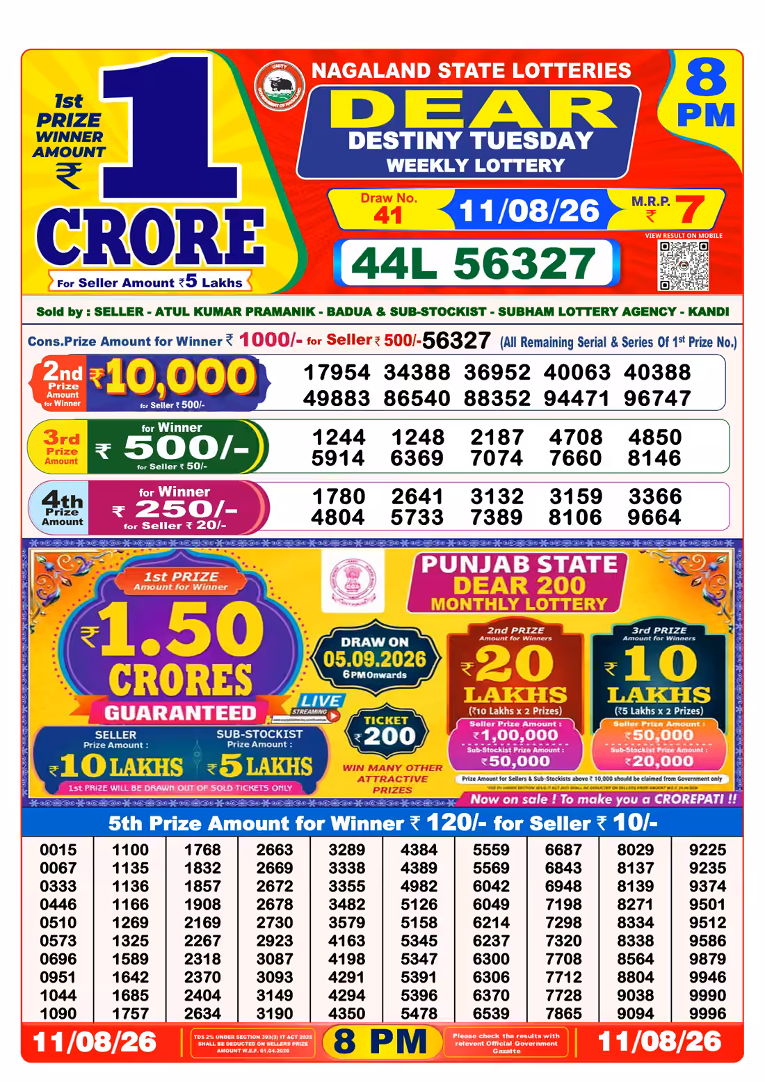 Dear Destiny Tuesday Weekly Lottery 8 PM 11 Aug 2026