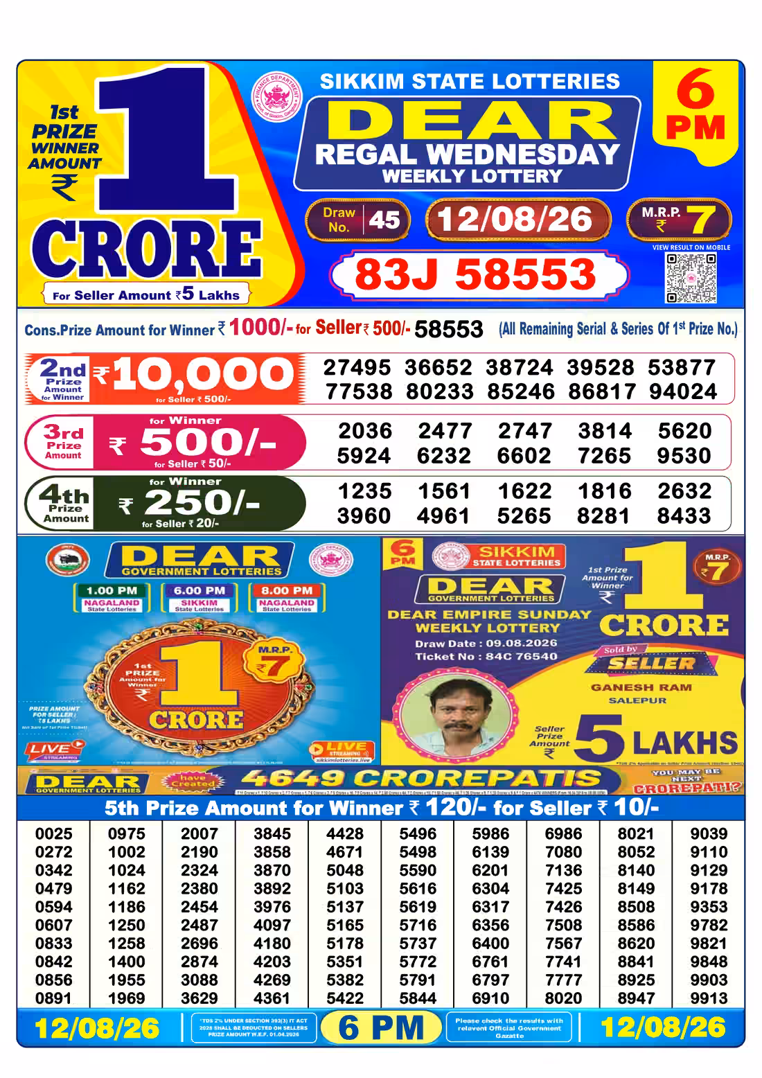 Dear Regal Wednesday Weekly Lottery 6 PM 12 Aug 2026