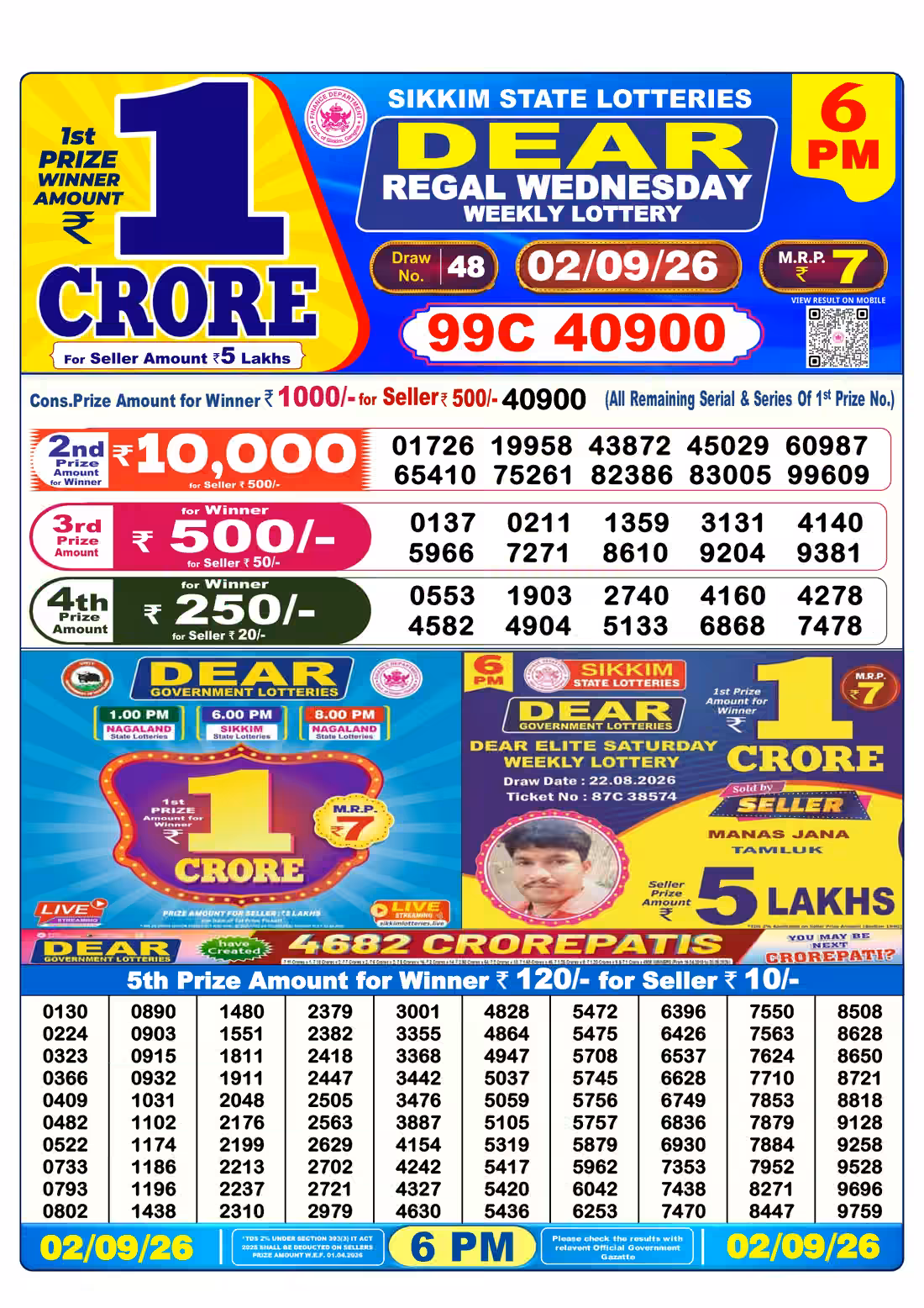 Dear Regal Wednesday Weekly Lottery 6 PM 02 Sept 2026