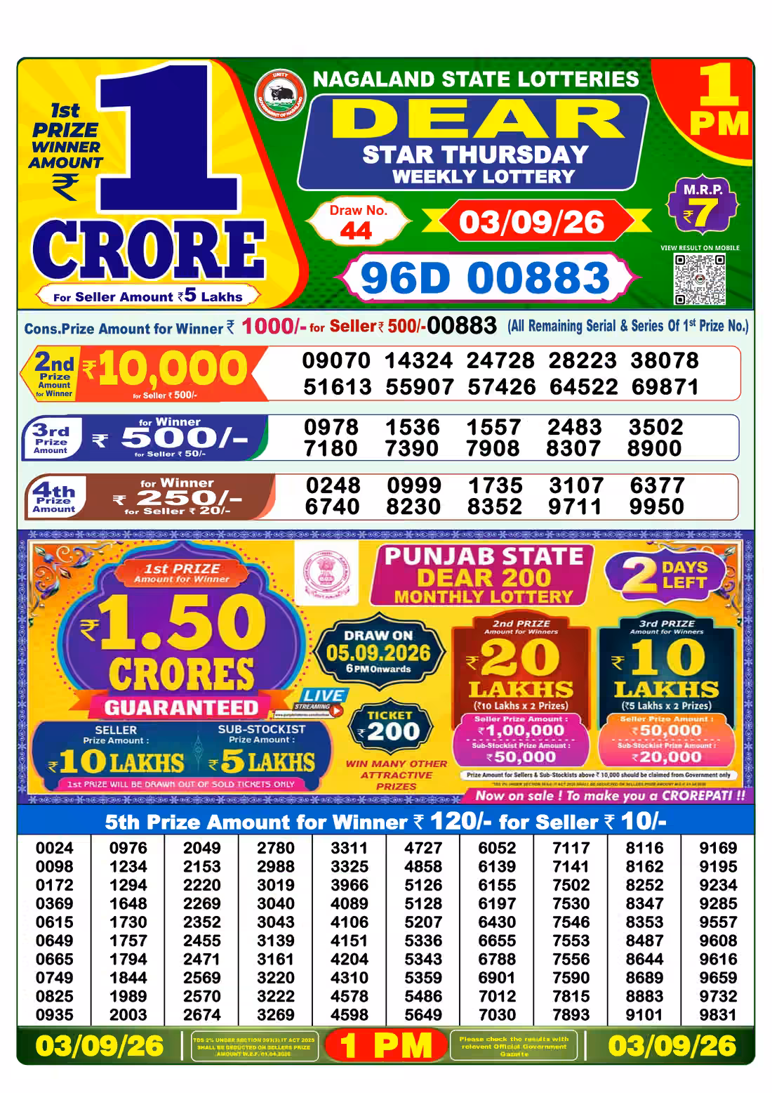 Dear Star Thursday Weekly Lottery 1 PM 03 Sept 2026