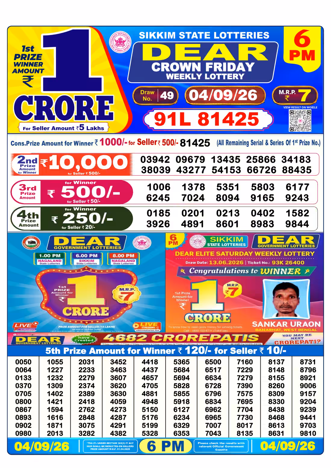 Dear Crown Friday Weekly Lottery 6 PM 04 Sept 2026