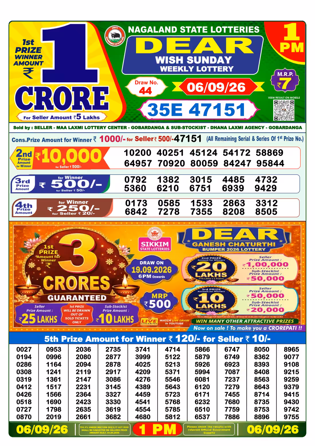 Dear Wish Sunday Weekly Lottery 1 PM 06 Sept 2026