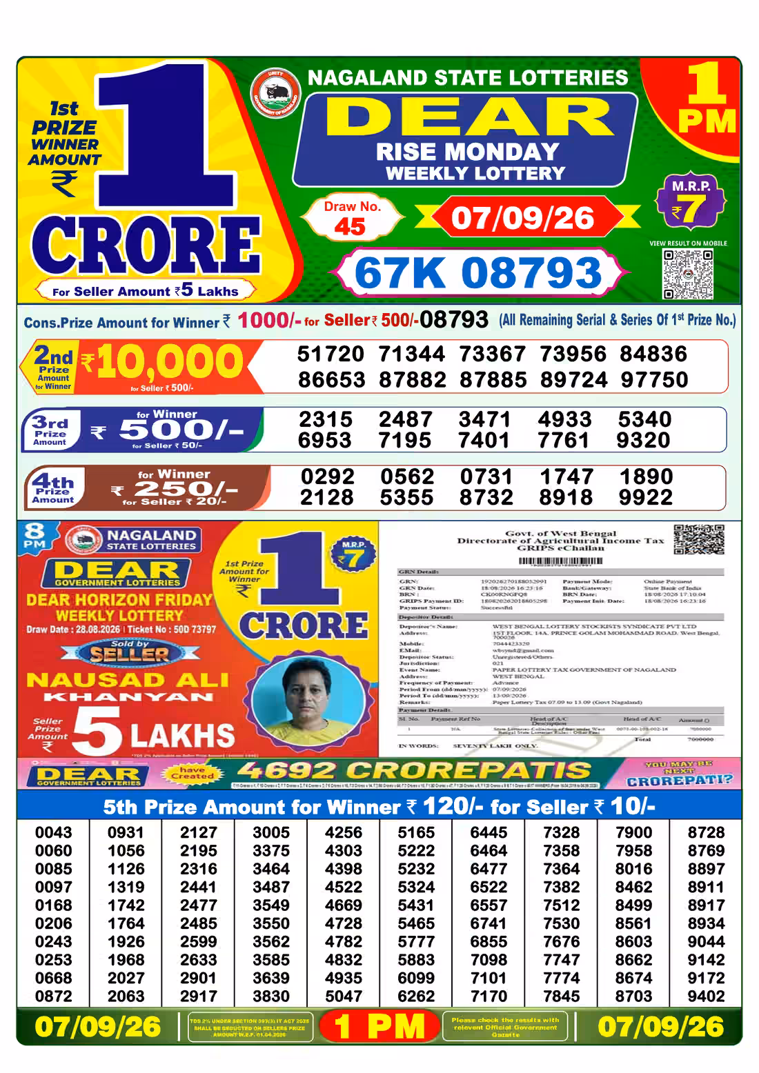 Dear Rise Monday Weekly Lottery 1 PM 07 Sept 2026