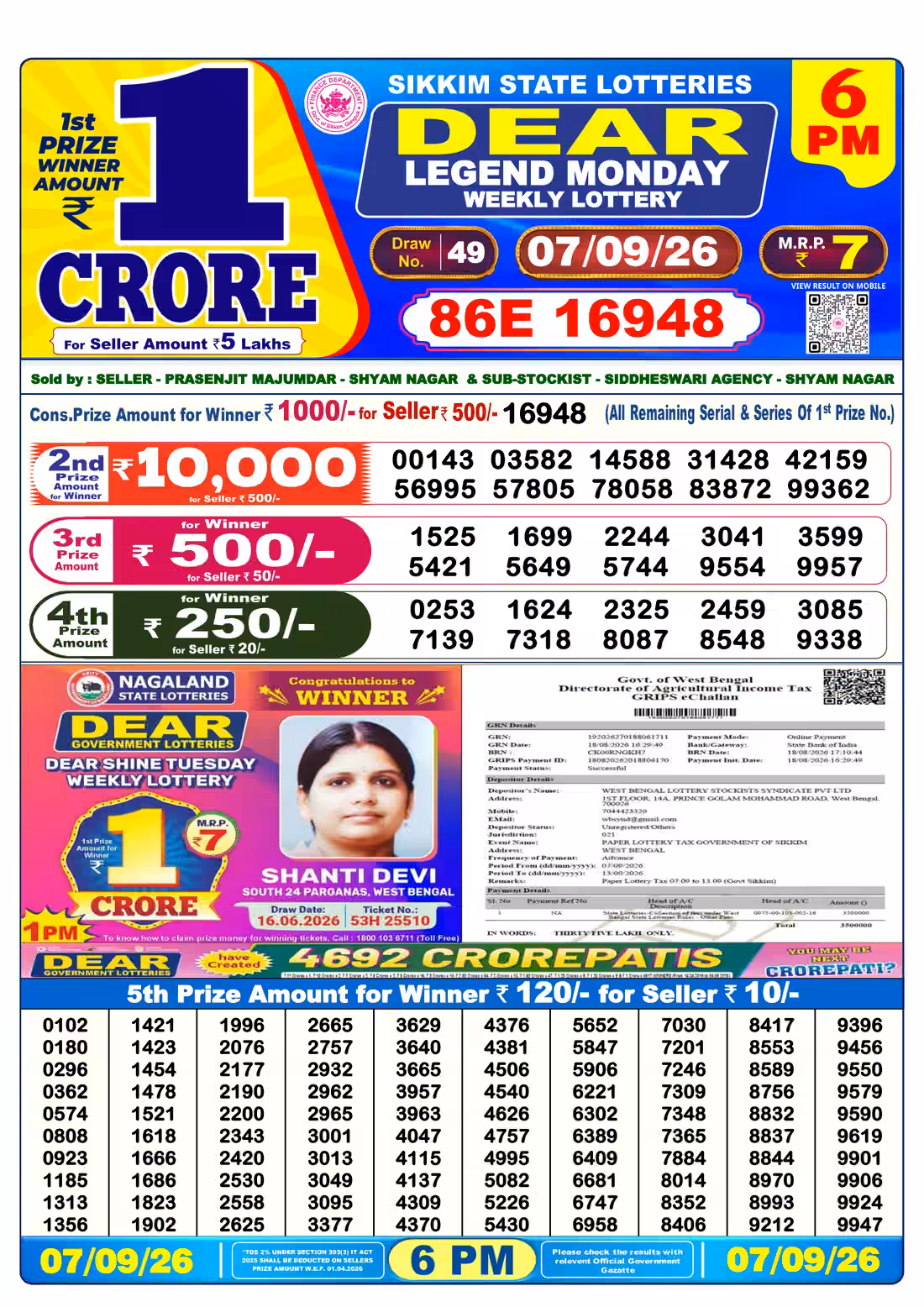 Dear Legend Monday Weekly Lottery 6 PM 07 Sept 2026