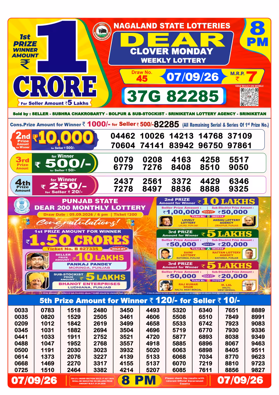 Dear Clover Monday Weekly Lottery 8 PM 07 Sept 2026
