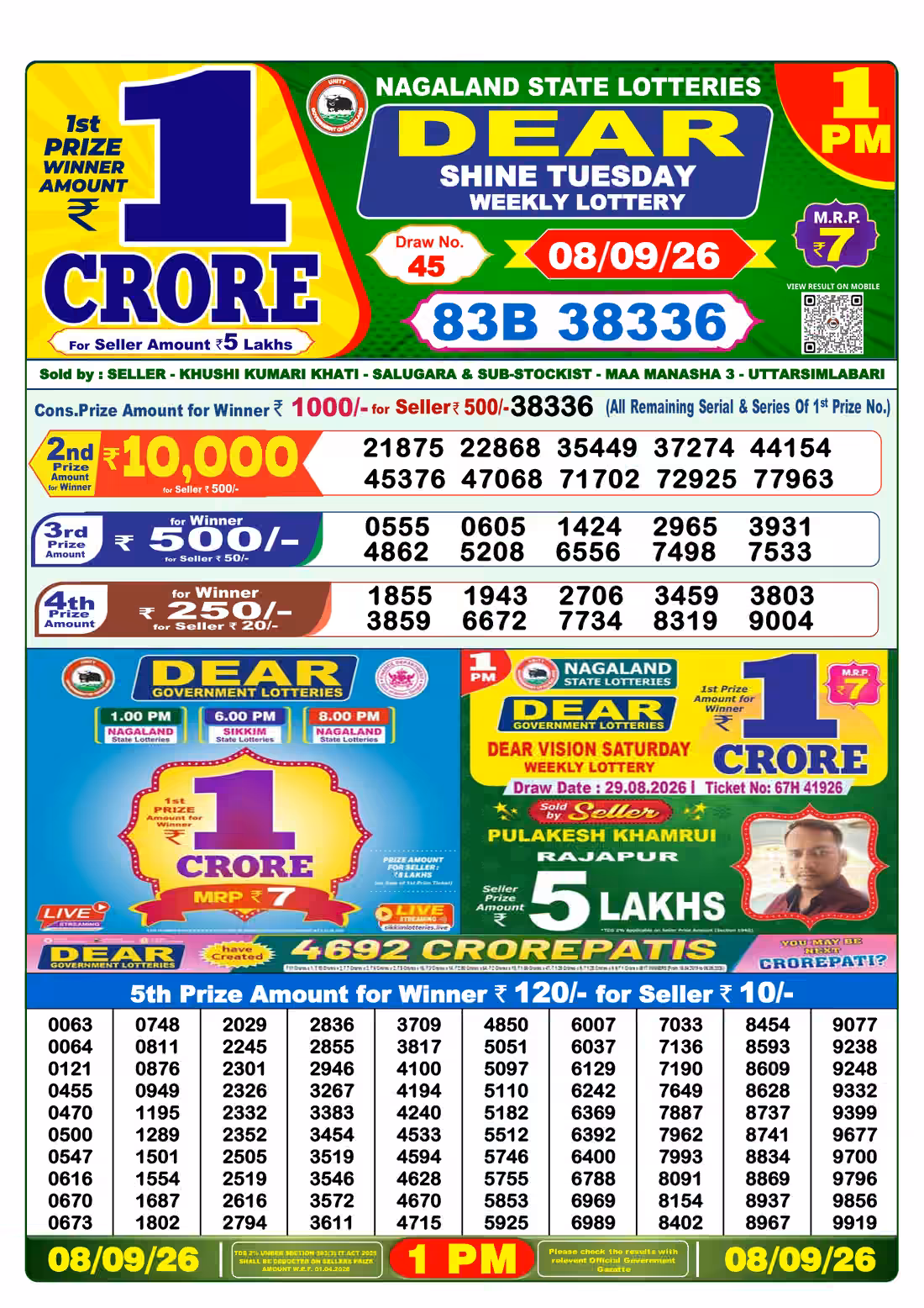 Dear Shine Tuesday Weekly Lottery 1 PM 08 Sept 2026