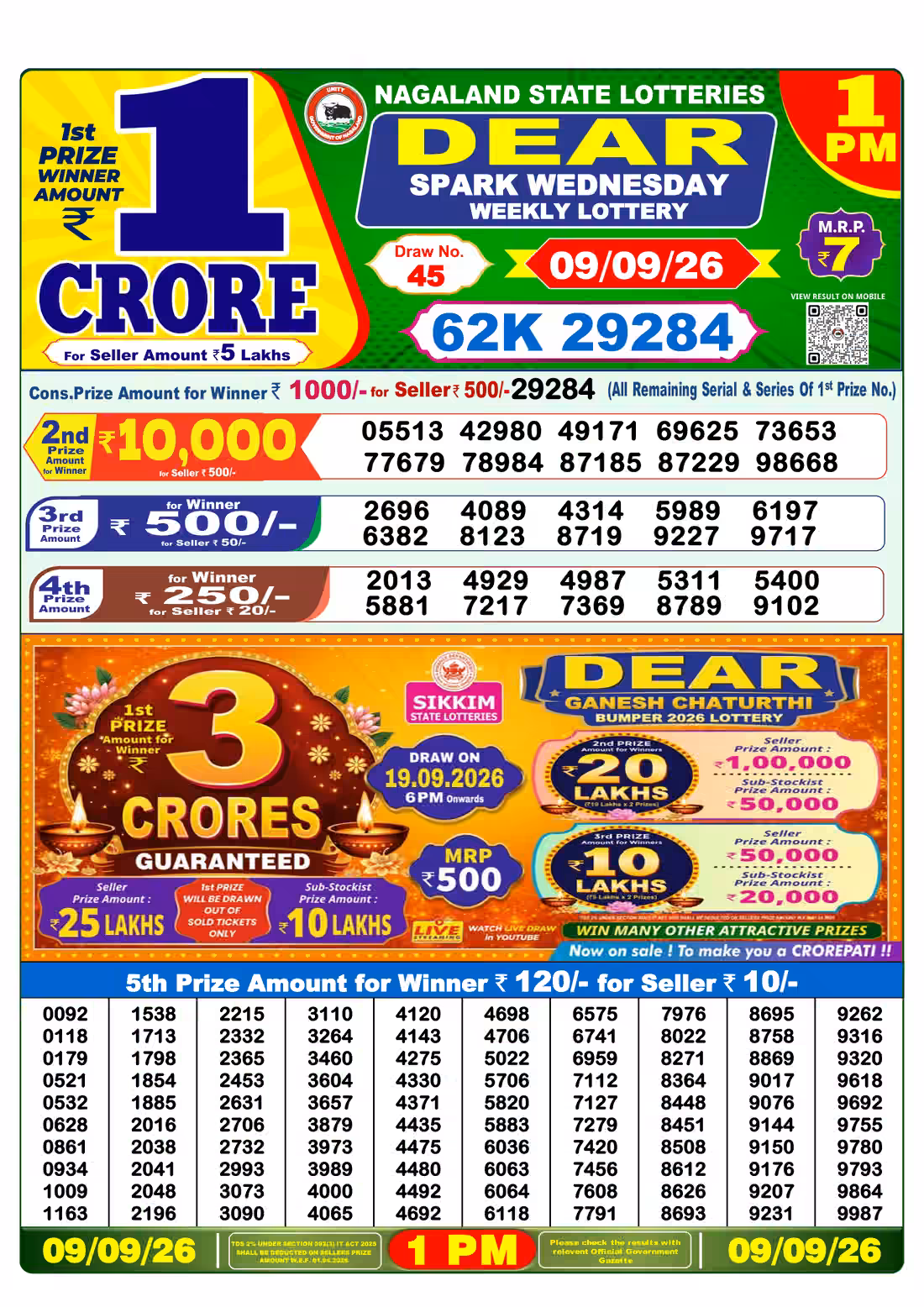 Dear Spark Wednesday Weekly Lottery 1 PM 09 Sept 2026