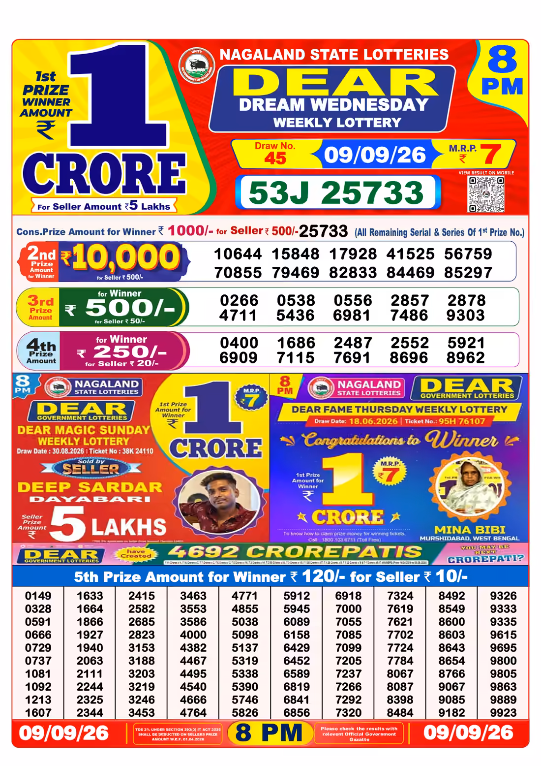 Dear Dream Wednesday Weekly Lottery 8 PM 09 Sept 2026