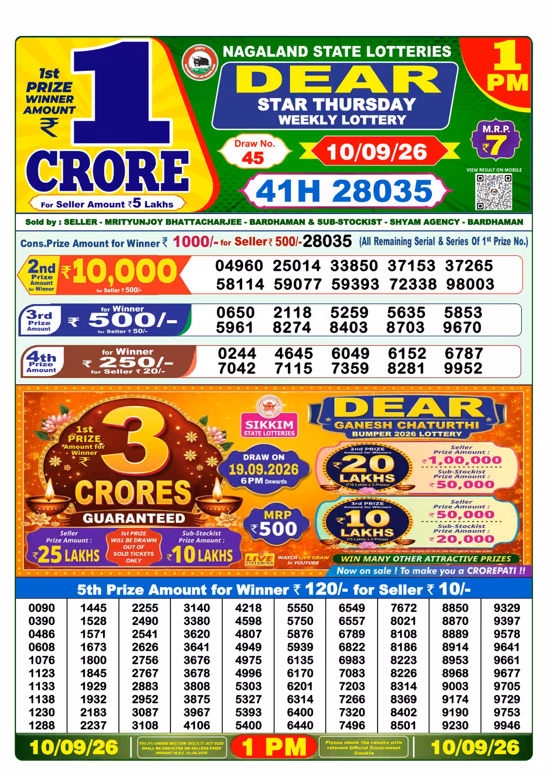 Dear Star Thursday Weekly Lottery 1 PM 10 Sept 2026