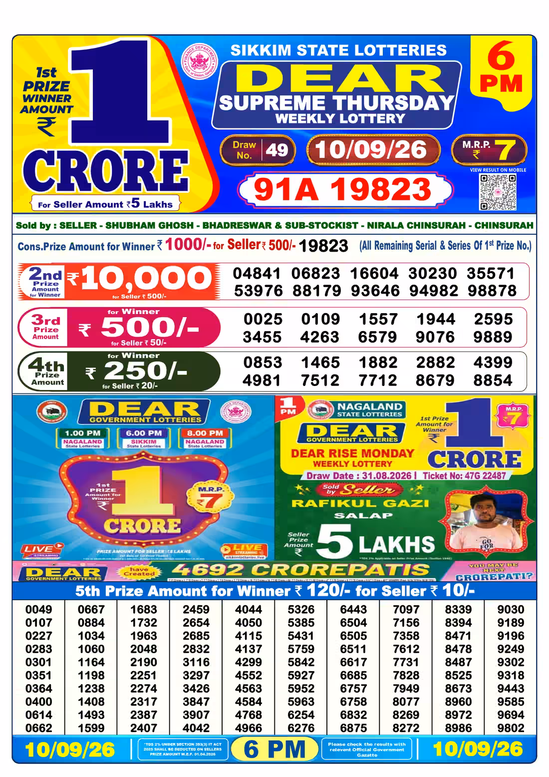 Dear Supreme Thursday Weekly Lottery 6 PM 10 Sept 2026