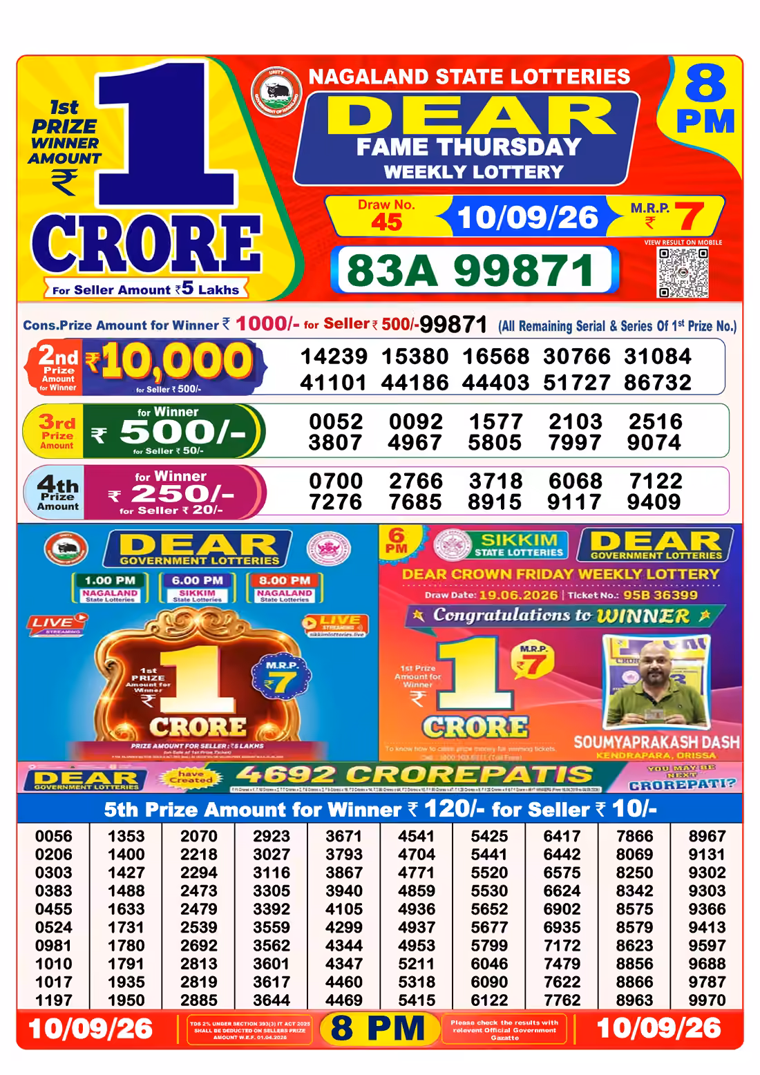 Dear Fame Thursday Weekly Lottery 8 PM 10 Sept 2026