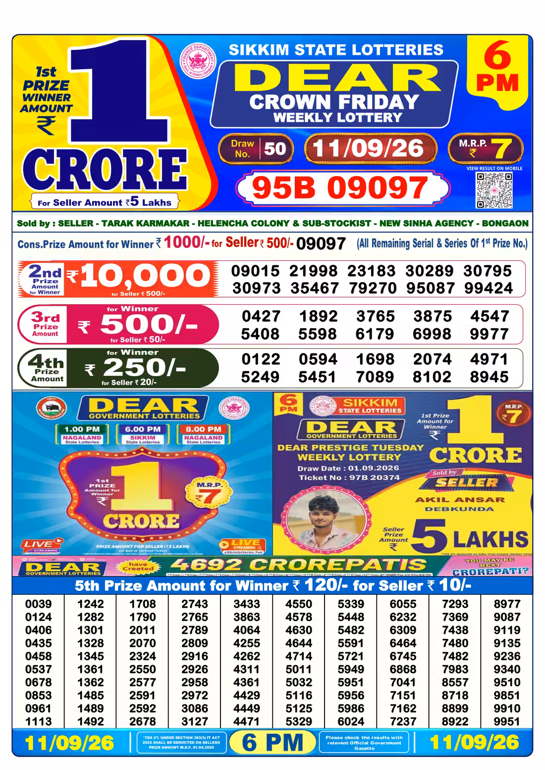 Dear Crown Friday Weekly Lottery 6 PM 11 Sept 2026