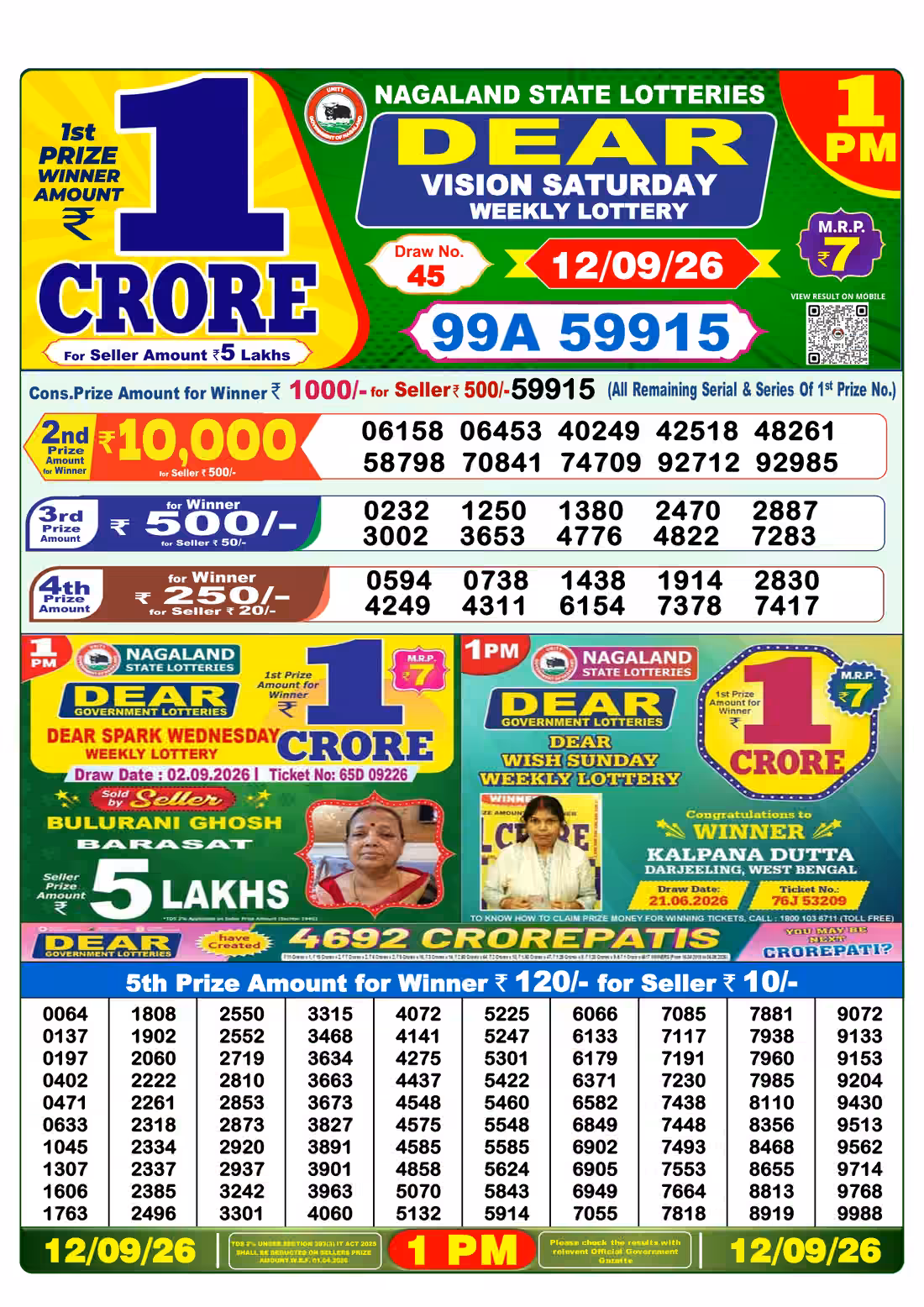 Dear Vision Saturday Weekly Lottery 1 PM 12 Sept 2026