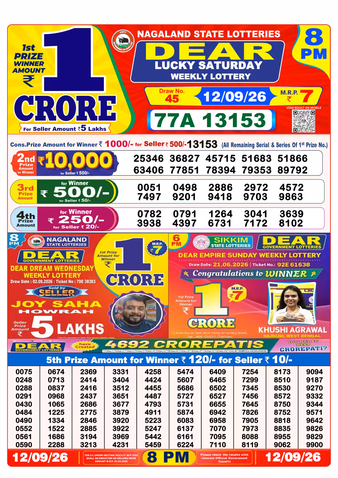 Dear Lucky Saturday Weekly Lottery 8 PM 12 Sept 2026