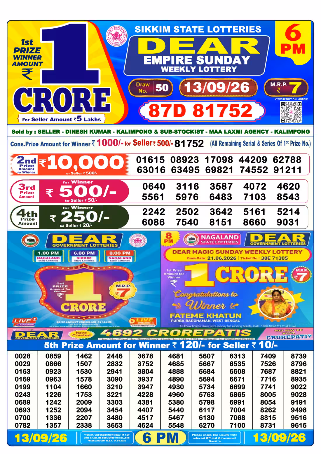 Dear Empire Sunday Weekly Lottery 6 PM 13 Sept 2026