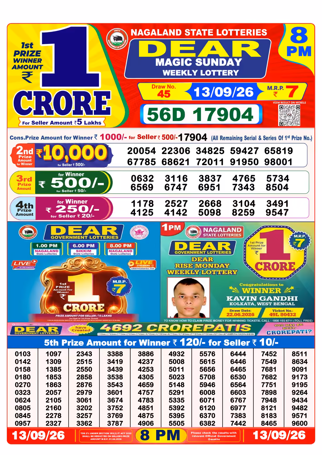 Dear Magic Sunday Weekly Lottery 8 PM 13 Sept 2026