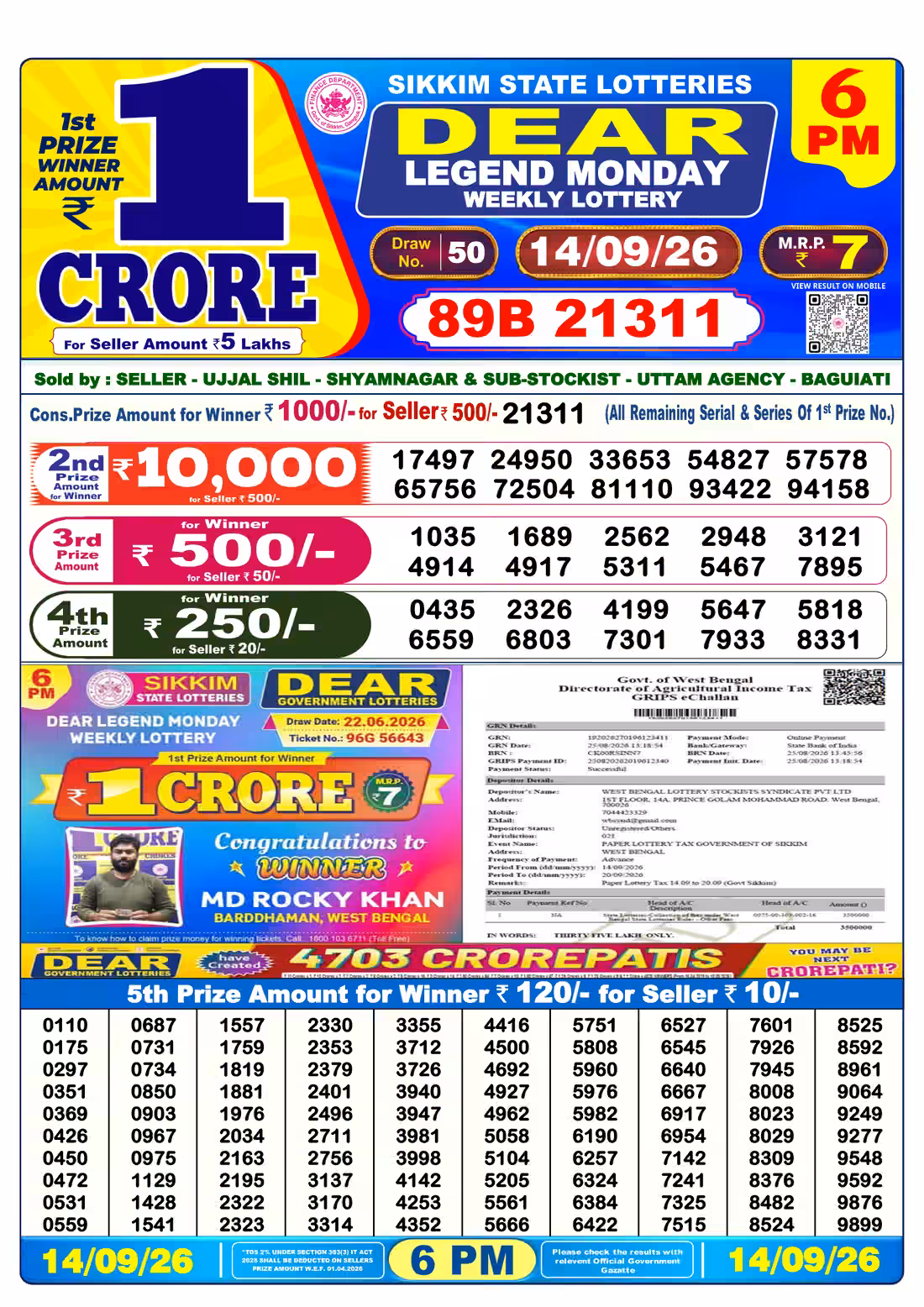 Dear Legend Monday Weekly Lottery 6 PM 14 Sept 2026