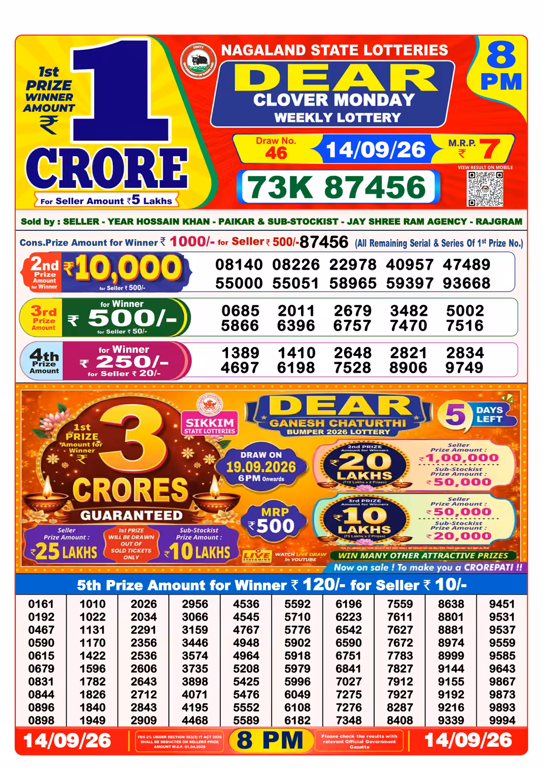 Dear Clover Monday Weekly Lottery 8 PM 14 Sept 2026