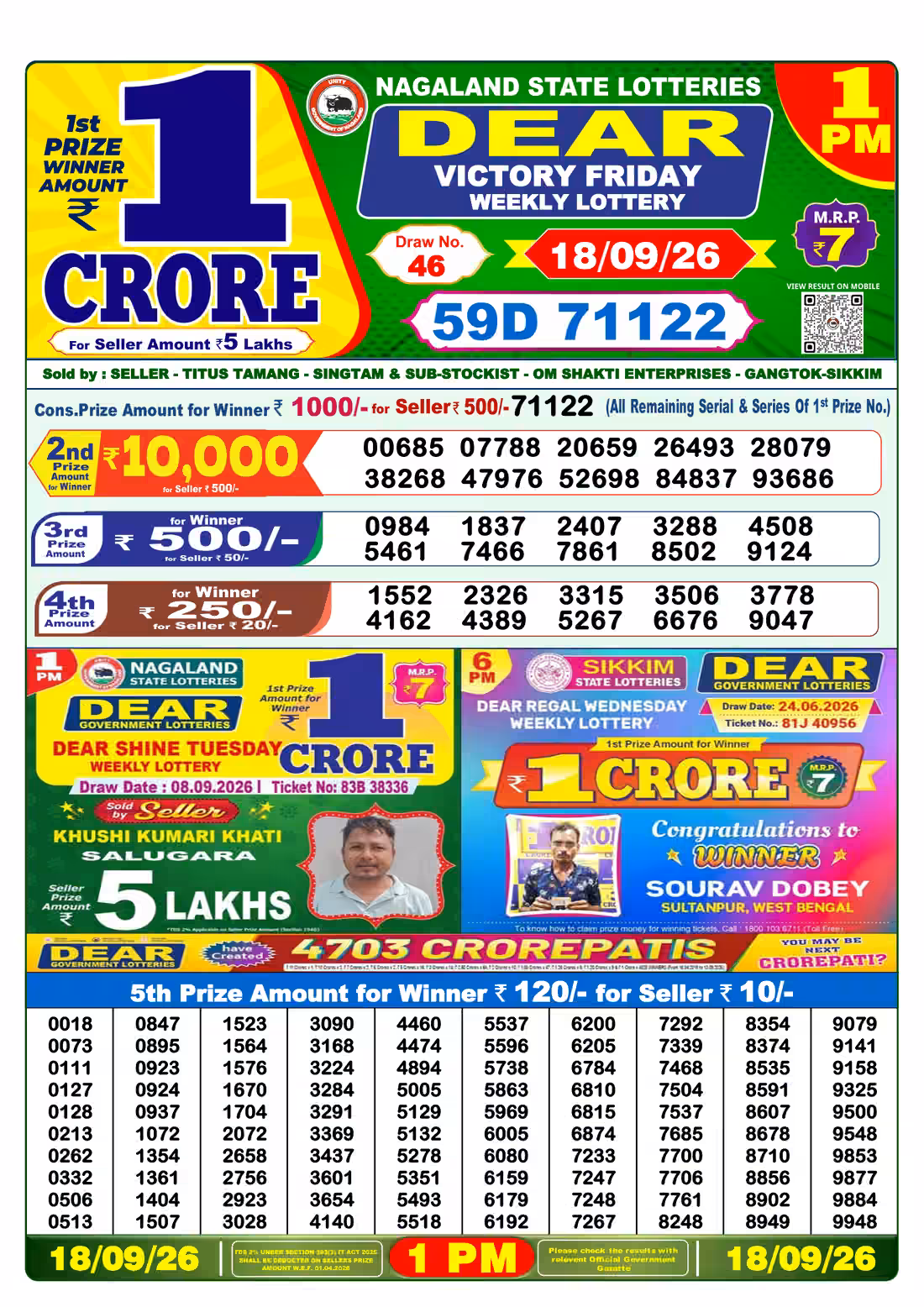 Dear Victory Friday Weekly Lottery 1 PM 18 Sept 2026