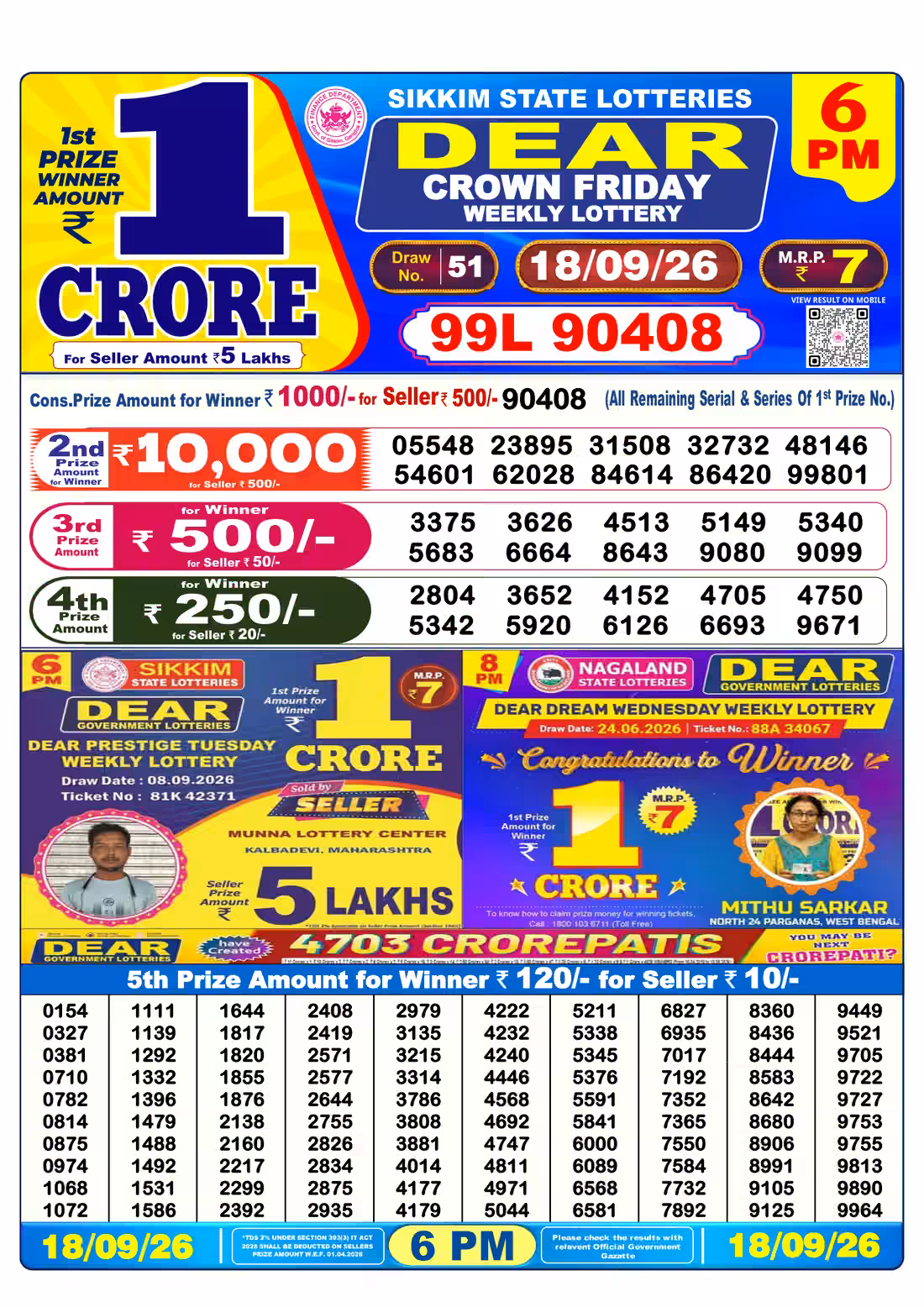Dear Crown Friday Weekly Lottery 6 PM 18 Sept 2026