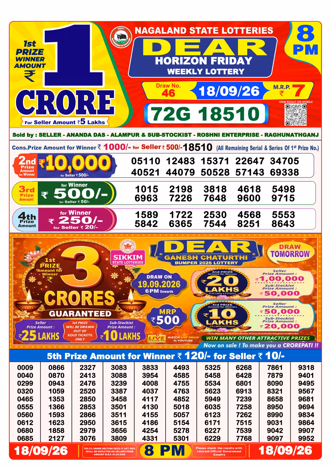 Dear Horizon Friday Weekly Lottery 8 PM 18 Sept 2026