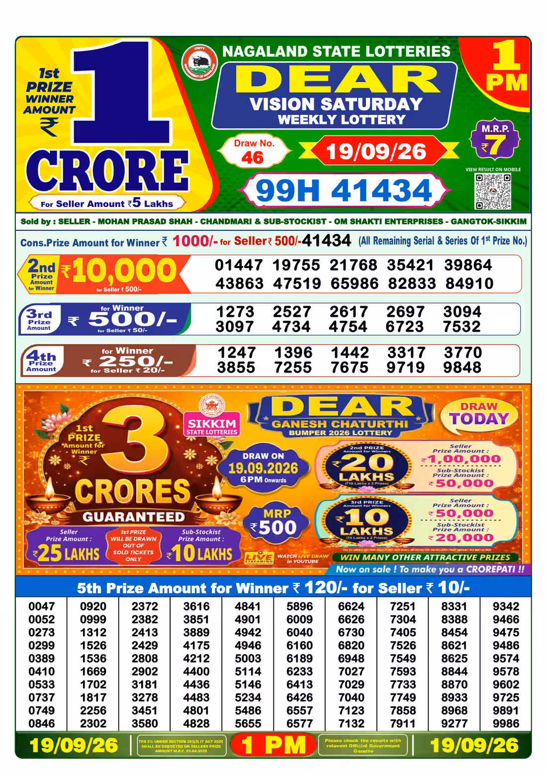Dear Vision Saturday Weekly Lottery 1 PM 19 Sept 2026