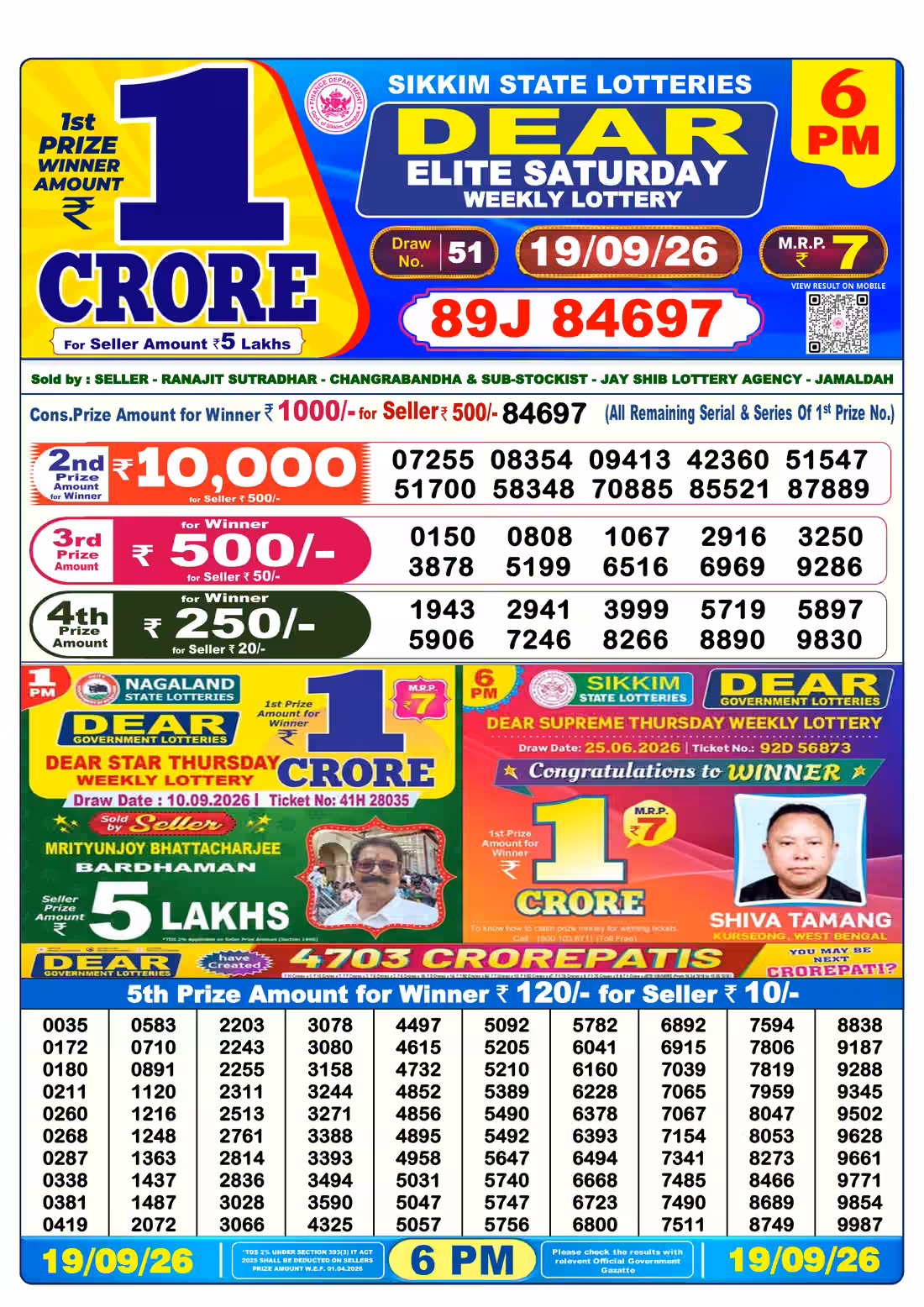 Dear Elite Saturday Weekly Lottery 6 PM 19 Sept 2026