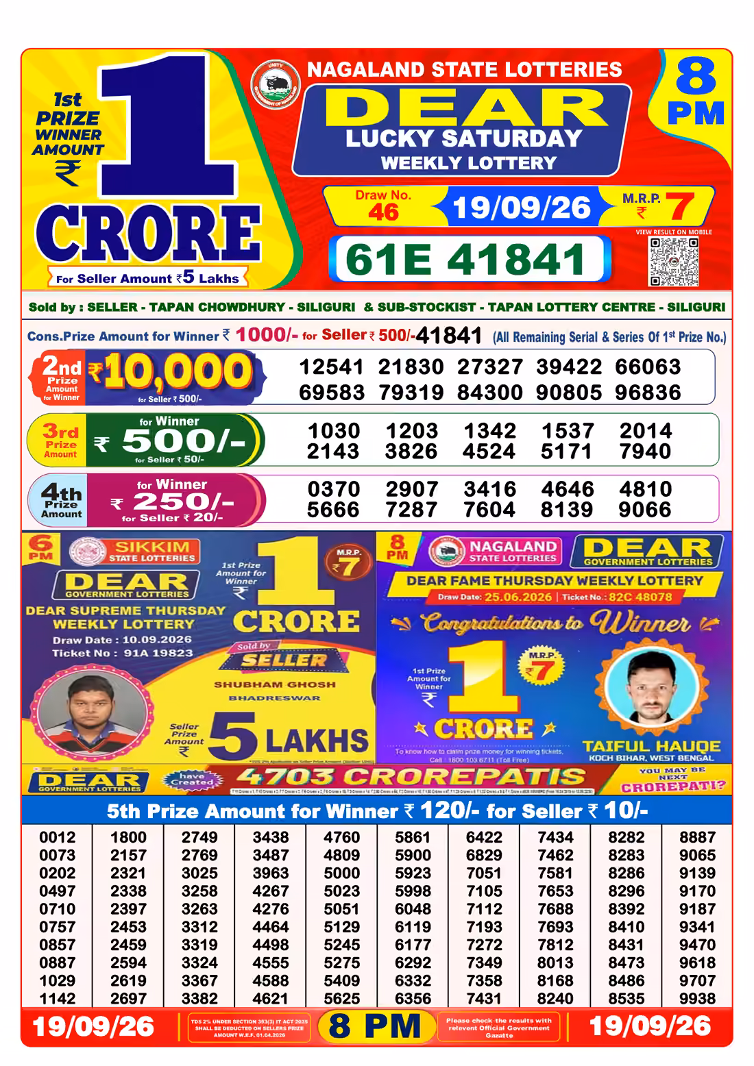 Dear Lucky Saturday Weekly Lottery 8 PM 19 Sept 2026