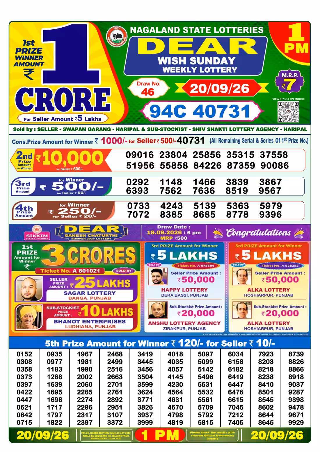 Dear Wish Sunday Weekly Lottery 1 PM 20 Sept 2026