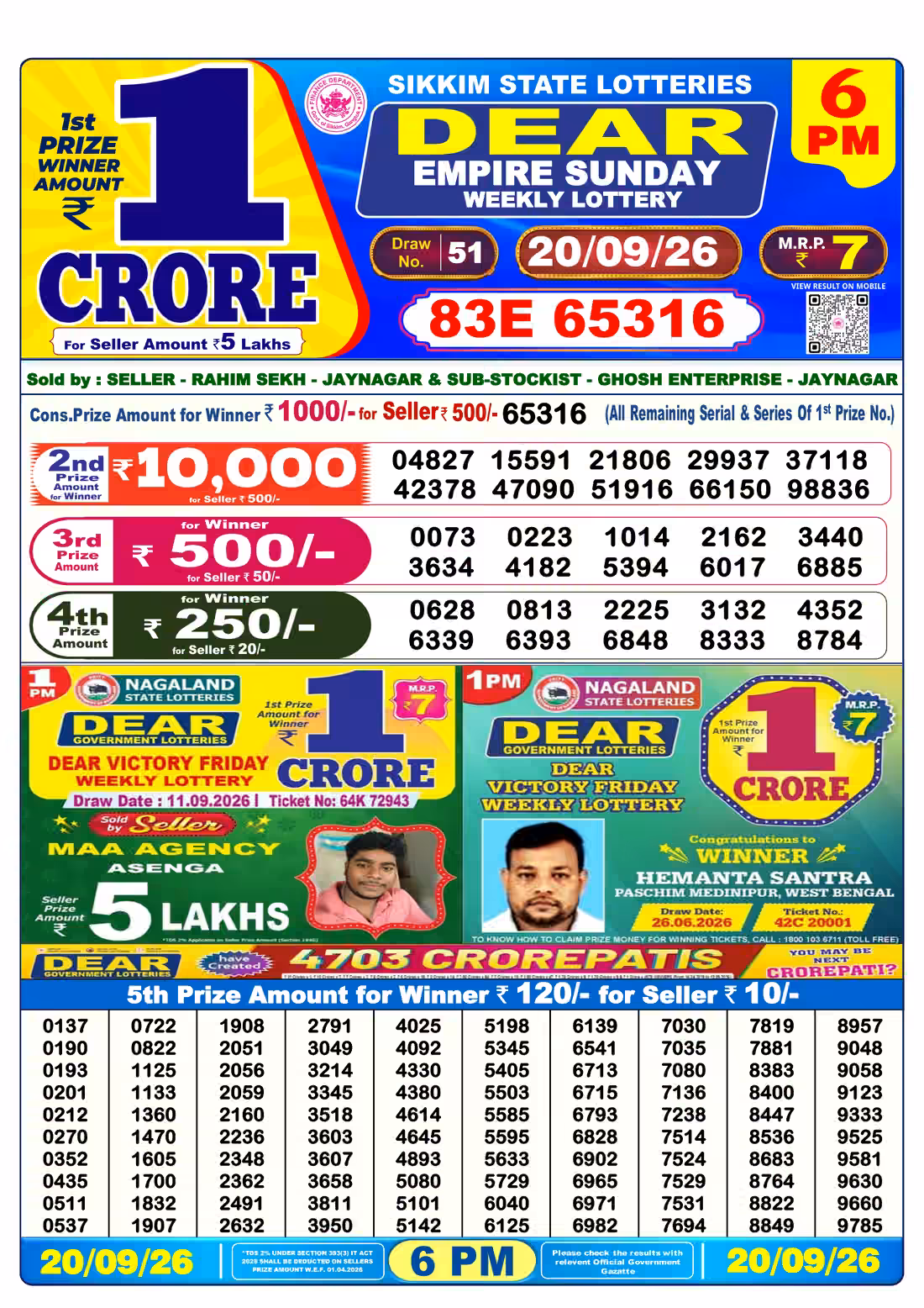 Dear Empire Sunday Weekly Lottery 6 PM 20 Sept 2026