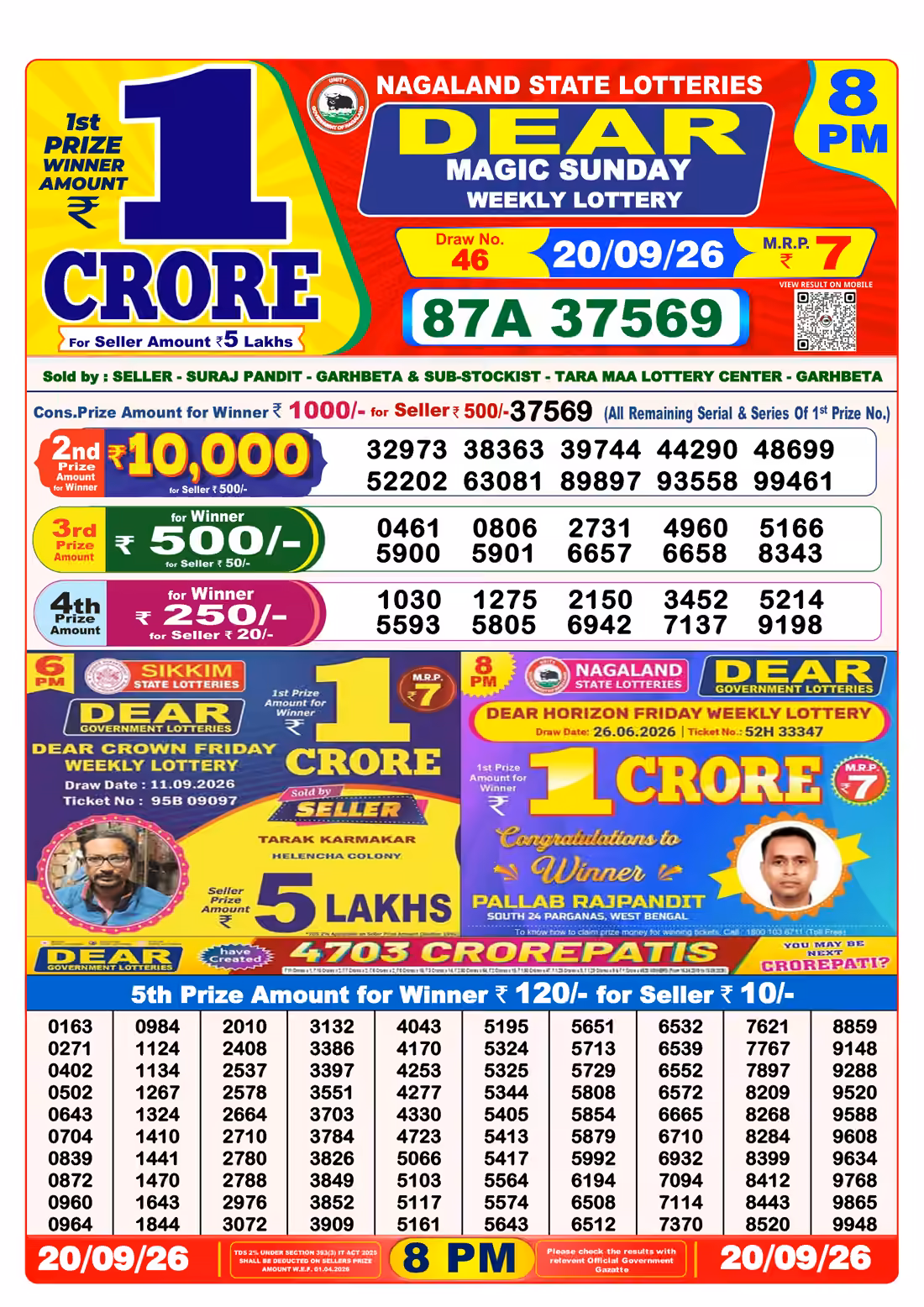 Dear Magic Sunday Weekly Lottery 8 PM 20 Sept 2026