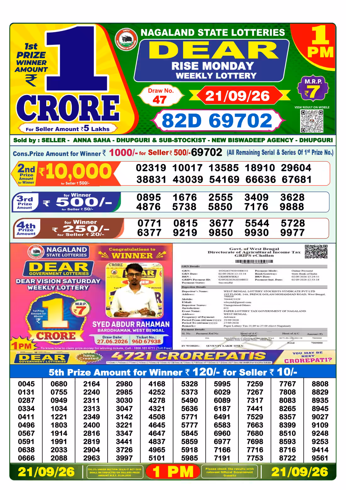 Dear Rise Monday Weekly Lottery 1 PM 21 Sept 2026