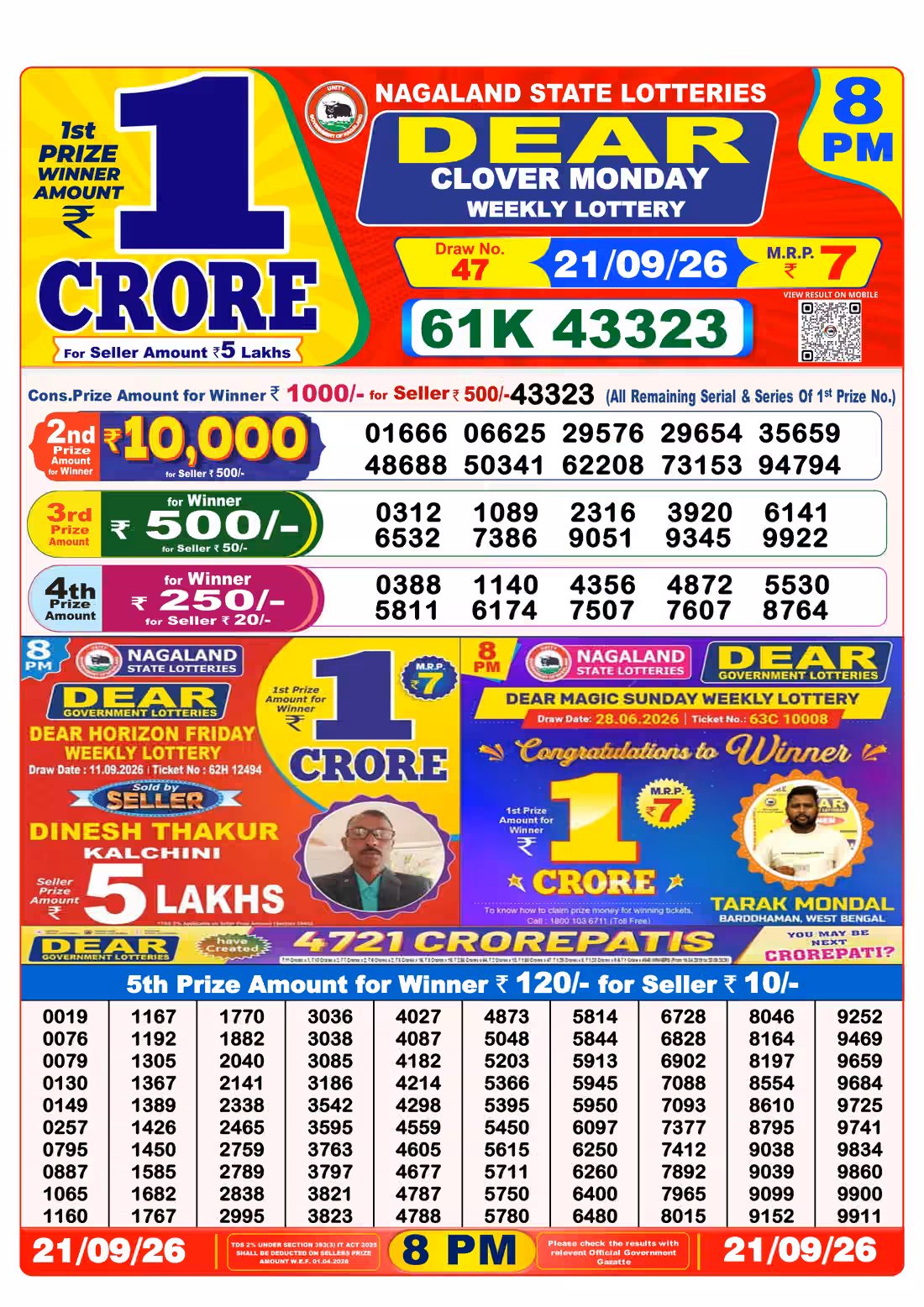 Dear Clover Monday Weekly Lottery 8 PM 21 Sept 2026