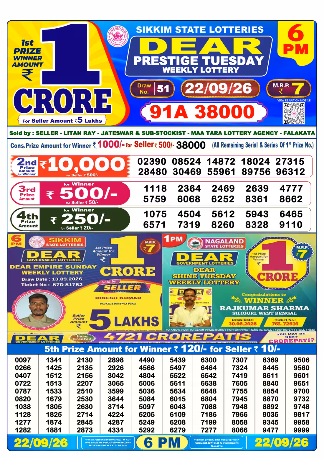 Dear Prestige Tuesday Weekly Lottery 6 PM 22 Sept 2026