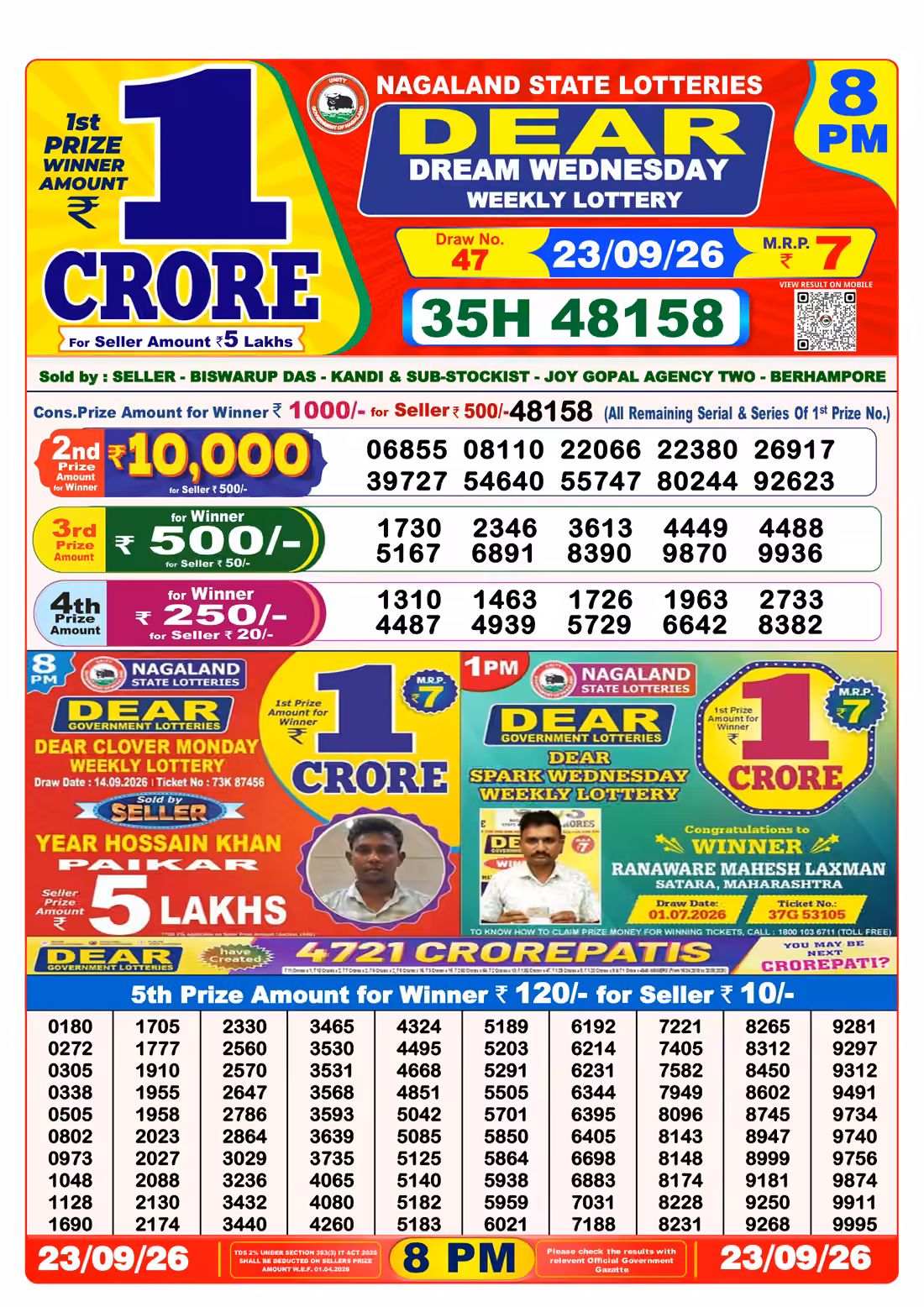 Dear Dream Wednesday Weekly Lottery 8 PM 23 Sept 2026